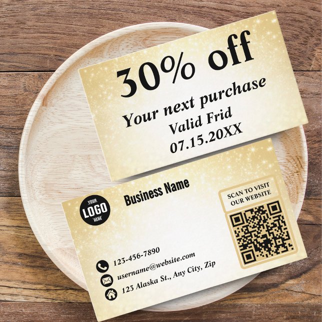 Carte De Réduction Parties scintillant glamour Gold QR Code Loyauté R (Glamorous Glitter Gold QR Code Loyalty Discount Cards for Beauty Businesses)