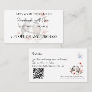 Carte De Réduction Premier client Oiseaux artisanaux Aquarelle