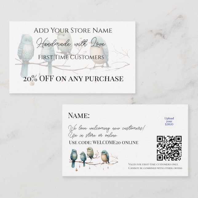 Carte De Réduction Premier client Oiseaux artisanaux Aquarelle (Devant / Derrière)