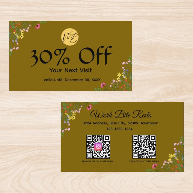 Carte De Réduction Restaurant moderne fleur sauvage Qr Code Menu et (Créateur téléchargé)