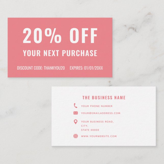 Carte De Réduction Rose Blanc Simple Élégant Promo Loyauté (Devant / Derrière)
