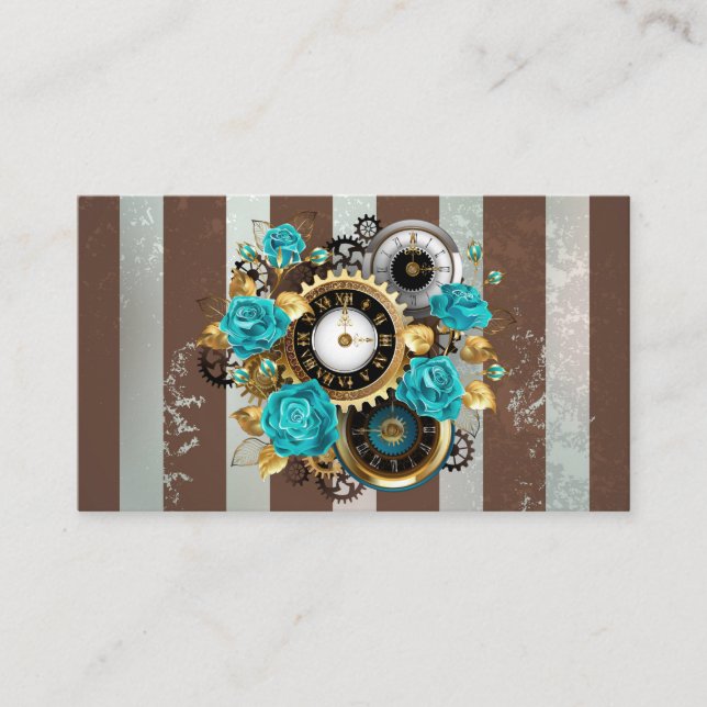 Carte De Réduction Steampunk Clock and Turquoise Roses on Striped (Devant)