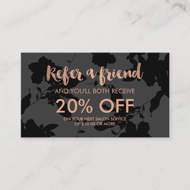 Carte de référence de salon Black Floral Rose Gold (Devant)