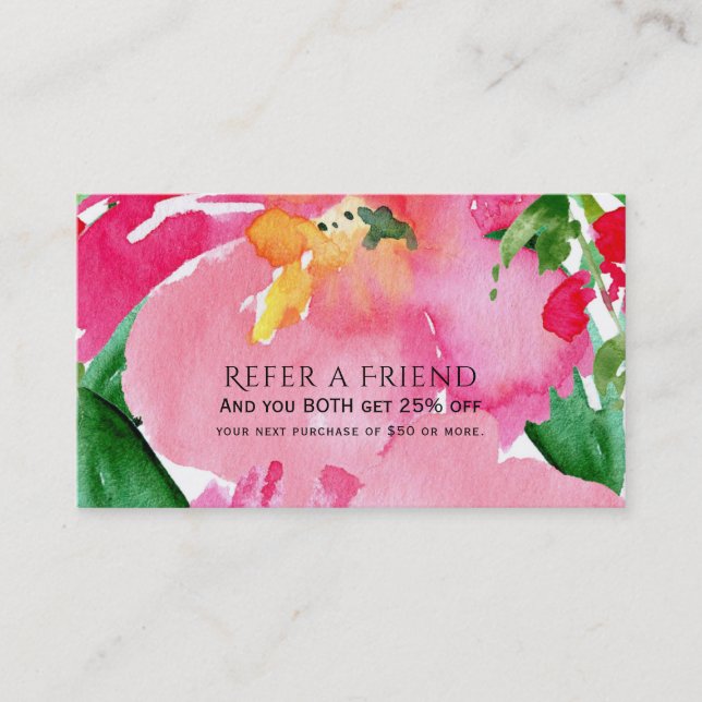 Carte De Référencement Aquarelle rose Fleur Floral Bold Référer un ami (Devant)