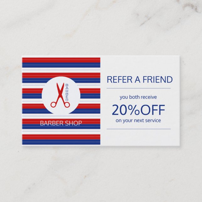 Carte De Référencement Barber marine blanche rayé moderne aiguillage (Devant)