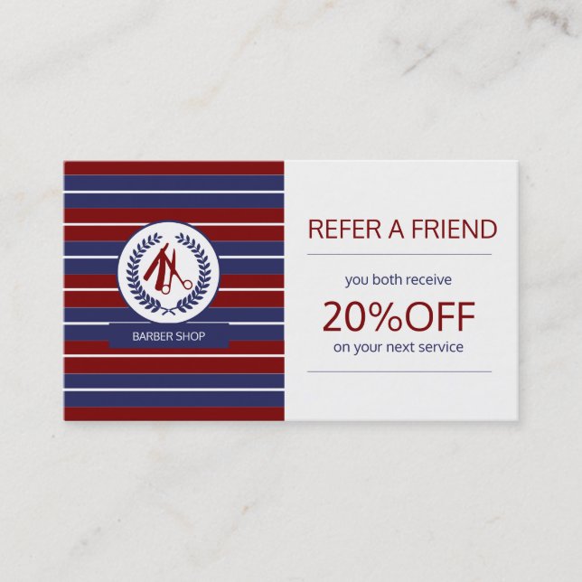 Carte De Référencement Barber rouge marine blanche logo rayé moderne aigu (Devant)