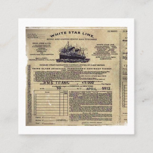 Carte De Référencement Billet pour RMS Titanic 1912 (Devant)