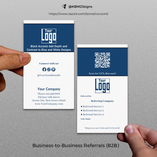 Carte De Référencement Bleu Bleu Bleu Noir Services QR Code B2B (Stylish Blue White Black Services QR Code B2B Referral Card)