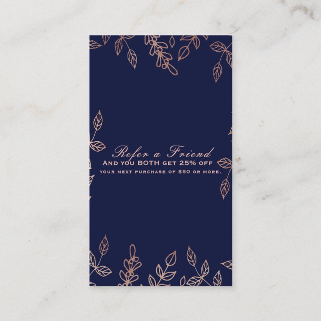 Carte De Référencement Bleu et Rose Gold Glam Botanique Référer un ami (Devant)