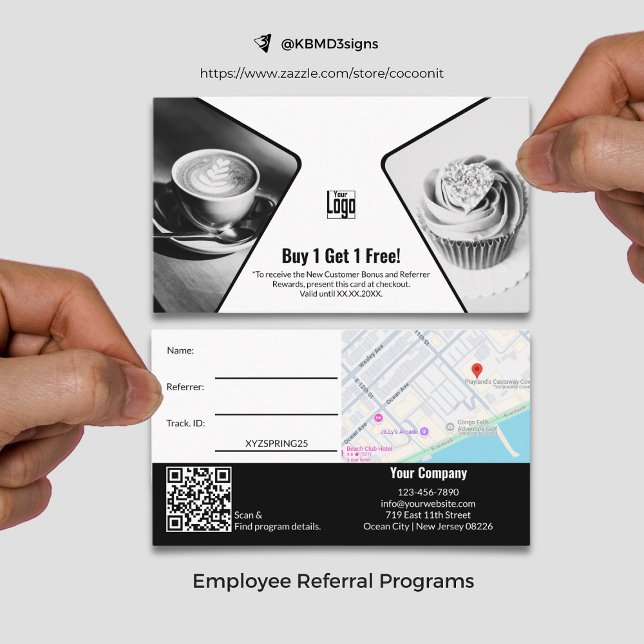 Carte De Référencement BOGO, Acheter 1 Obtenir 1 Gratuit Noir Blanc Récom (BOGO, Buy 1 Get 1 Free Black White Employee Reward Referral Card)
