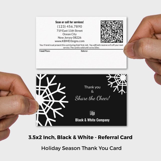 Carte De Référencement Bonus de vacances noir et blanc Merci (Snowflake Black & White Share The Cheer Thank You Referral Card; Size 3.5x2 Inch (US))