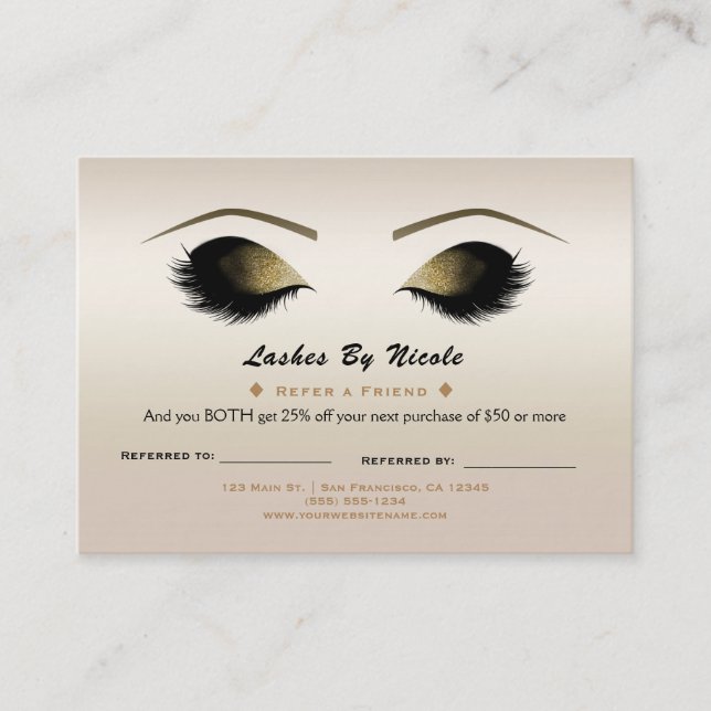 Carte De Référencement Champagne Pearl Lashes Référez Ami Aftercare (Devant)