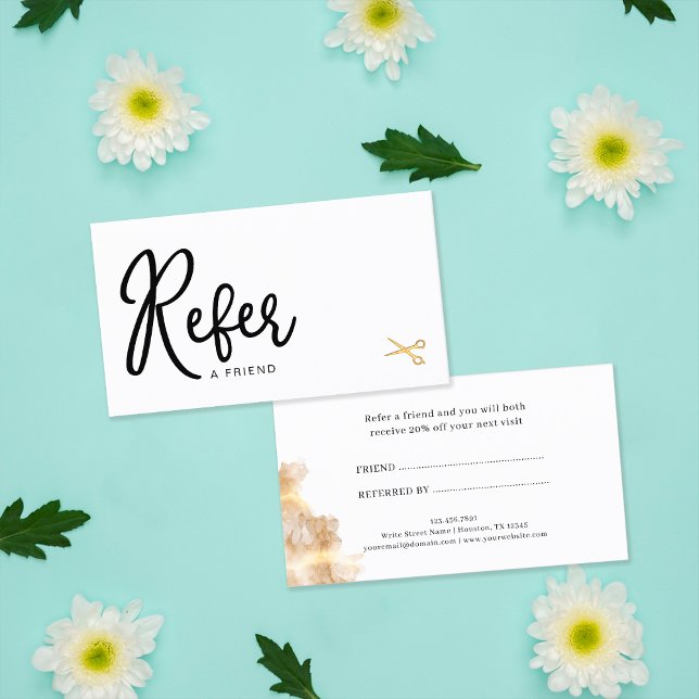 Carte De Référencement Ciseaux dorés Chic Élégant Coiffeur Client (Front and Back)