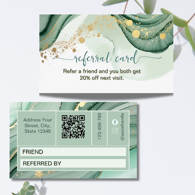 Carte De Référencement Code QR aquarelle vert sauge or  (Créateur téléchargé)