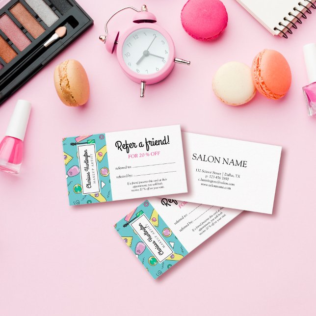 Carte De Référencement Doodles de maquillage rétro | Référer un ami (Créateur téléchargé)