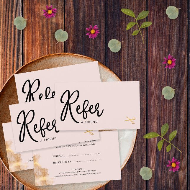 Carte De Référencement Elégant Ciseaux Or Coiffeur Salon Blush Rose (Front and Back)