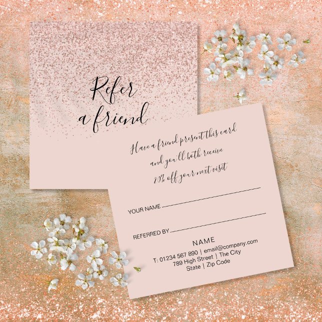 Carte De Référencement Élégant Rose de script moderne Gold Parties scinti (Elegant Modern Script Rose Gold Glitter Customer Referral Card)