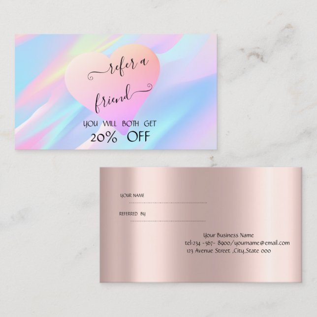 Carte De Référencement Élégant Rose moderne Gold Heart Holographique (Devant / Derrière)