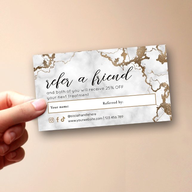 Carte De Référencement Elegant Script Gold Marble Spa Nails Beauty Salon (Elegant gold marble Refer a Friend discount cards with fully customizable text)
