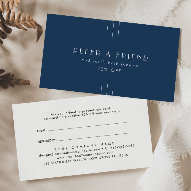 Carte De Référencement EVERLY Classic Art Deco Navy Blue Refer A Friend (EVERLY Classic Art Deco Navy Blue Refer A Friend Referral Card)