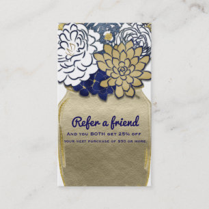 Carte De Référencement Fleurs en pot Mason Rustique Or Bleu Référez un am