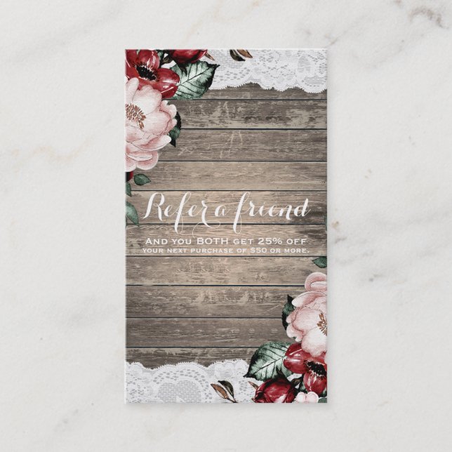 Carte De Référencement Glam Floral Rustic Wood & Lace Chic Référer un ami (Devant)