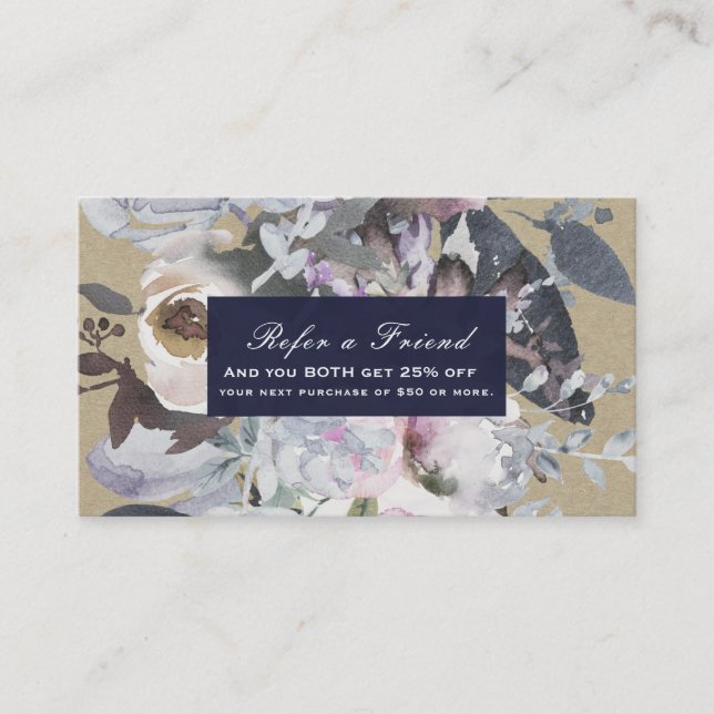 Carte De Référencement Glamour Floral Rustique Bleu Kraft Chic Référer un (Devant)