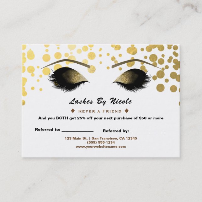 Carte De Référencement Gold Confetti Foil Lashes Référer Amis Aftercare (Devant)