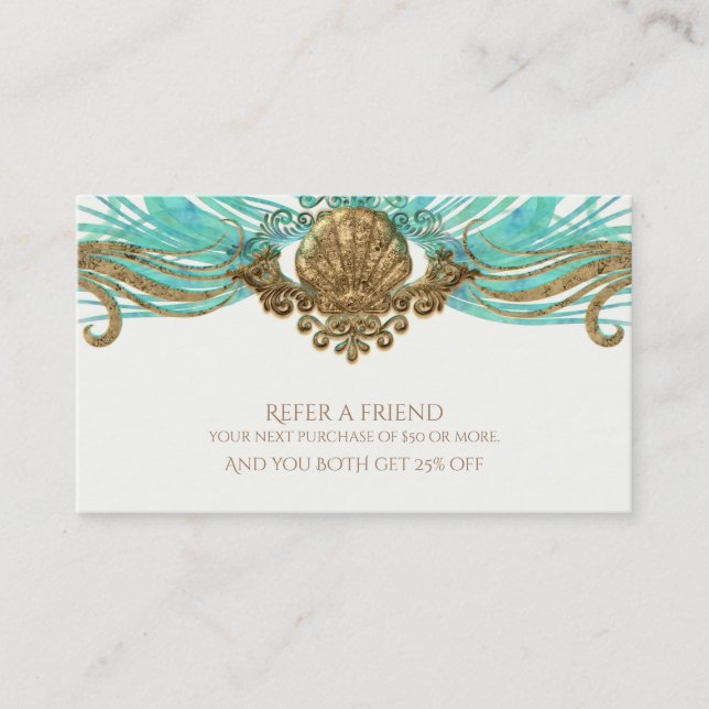 Carte De Référencement Gold & Turquoise Sea Shell Glam Beach Référer un a (Devant)