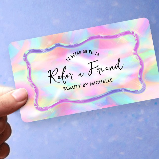 Carte De Référencement Holographic Neon Colors Refer A Friend Girly (Neon colors Refer a Friend cards with holographic style background and trendy fonts)