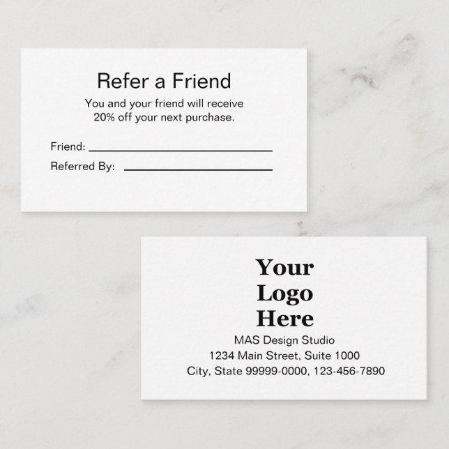 Carte De Référencement Logo d'entreprise Noir et blanc Référer un ami (Devant / Derrière)