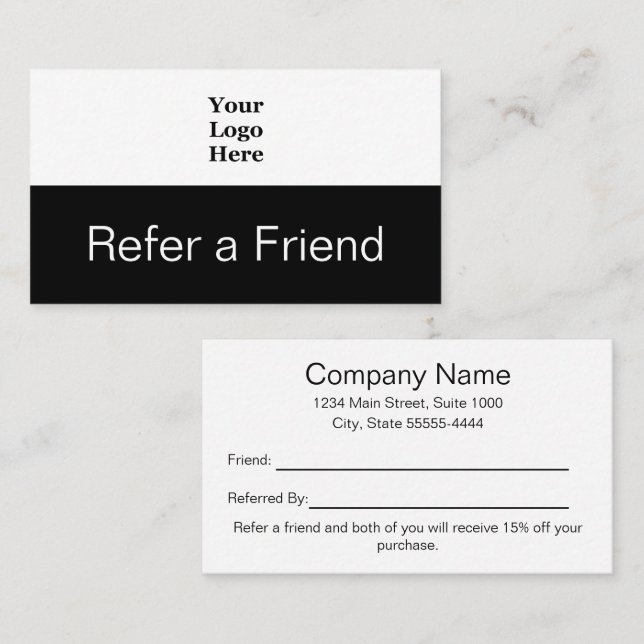 Carte De Référencement Logo d'entreprise Noir et blanc Référer un ami (Devant / Derrière)