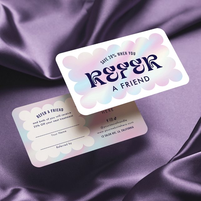 Carte De Référencement Logo Holographique Moderne Rétro Référer Un Ami (Trendy holographic effect referral cards with space for your logo and custom discount offer)
