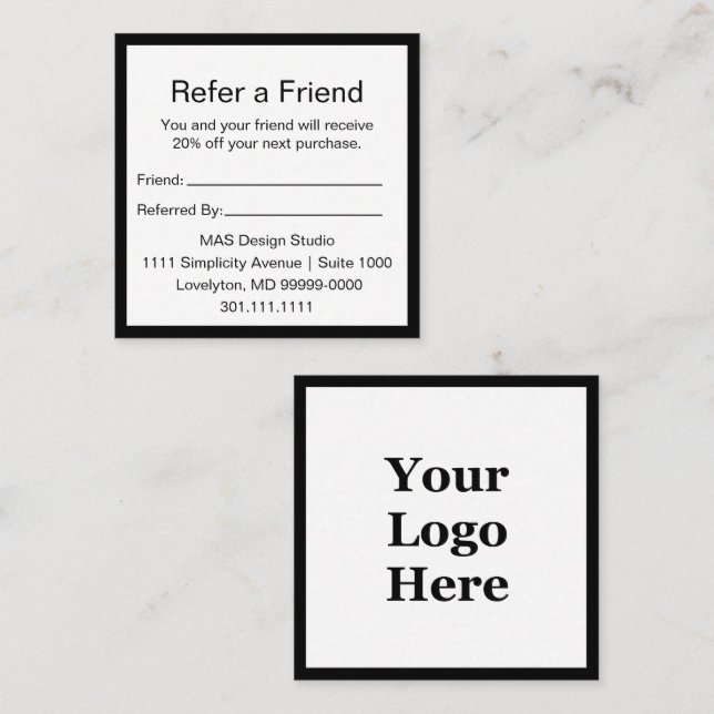 Carte De Référencement Noir & Blanc Votre logo ici Référez un ami (Devant / Derrière)