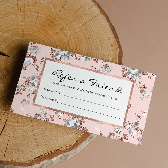 Carte De Référencement Or rose rose rose rose moderne parties scintillant (Modern blush pink white rose gold glitter floral referral )