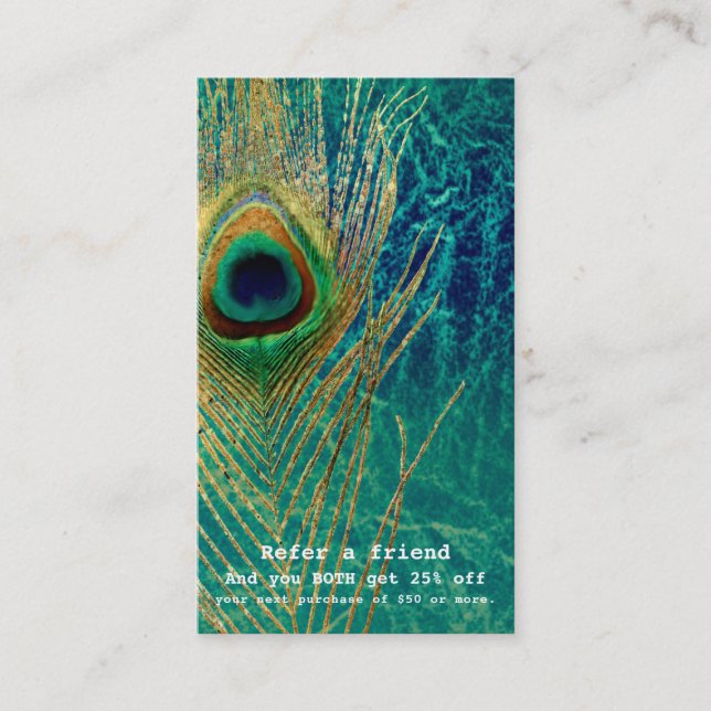 Carte De Référencement Peacock Feather Blue Turquoise Gold Boho Référer u (Devant)