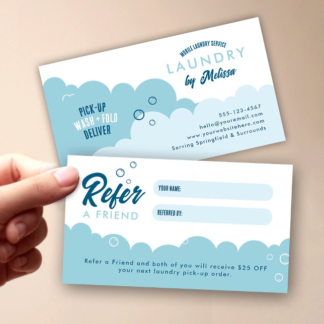 Carte De Référencement Refer A Friend Mobile Laundry Service Blue & White (Modern mobile laundry service & dry cleaners refer a friend discount cards in blue and white)