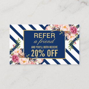 Carte De Référencement Référer un ami   Bleu de la marine florale classiq