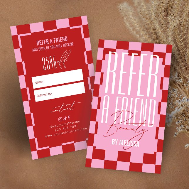 Carte De Référencement Retro Pink & Red Groovy Refer a Friend Spa Salon (Créateur téléchargé)