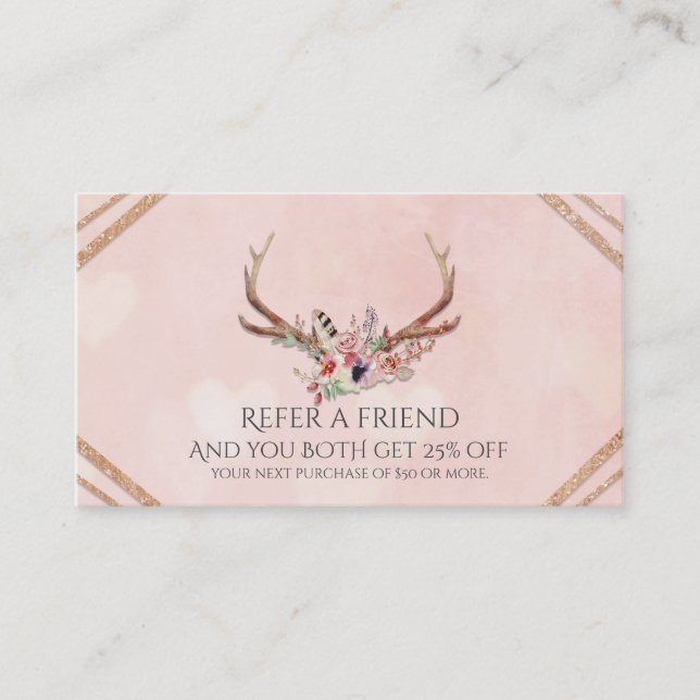 Carte De Référencement Rose Blush rose Floral Antlers Glam recommander un (Devant)