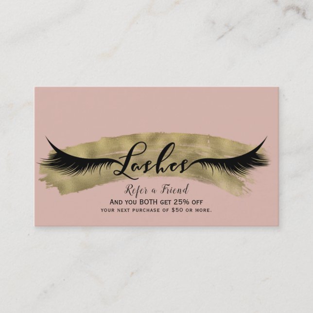 Carte De Référencement Rose Blush & Shiny Gold Eyelashes Référez un ami (Devant)