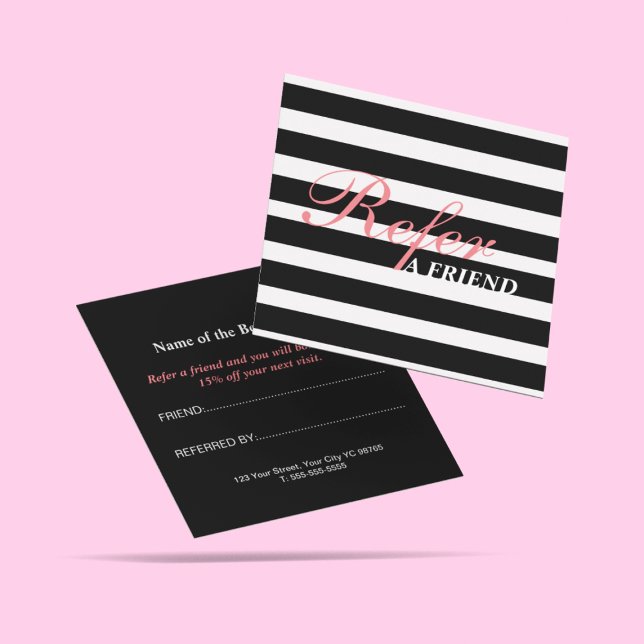 Carte De Référencement Script élégant noir & blanc Stipes Beautician (Créateur téléchargé)