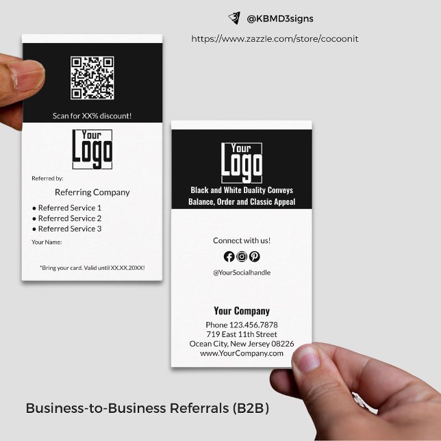 Carte De Référencement Services minimaux en noir et blanc QR Code B2B (Minimal Black & White Services QR Code B2B Referral Card, Business to Business Partnership Promotion)