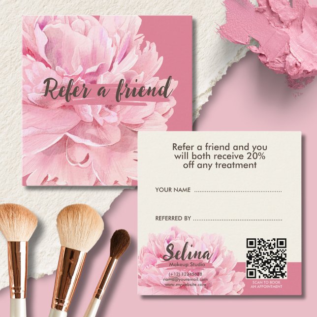 Carte De Référencement Studio De Maquillage Floral Rose Pink Crème Élégan (Créateur téléchargé)