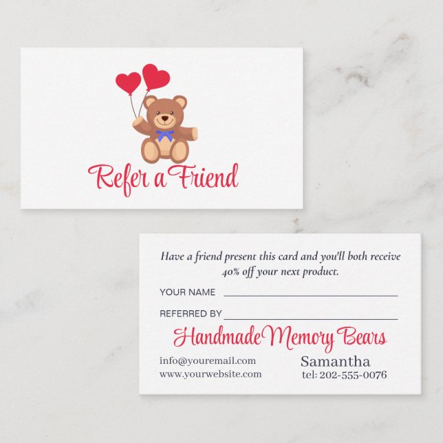 Carte De Référencement Teddy Memory Bear Business (Devant / Derrière)