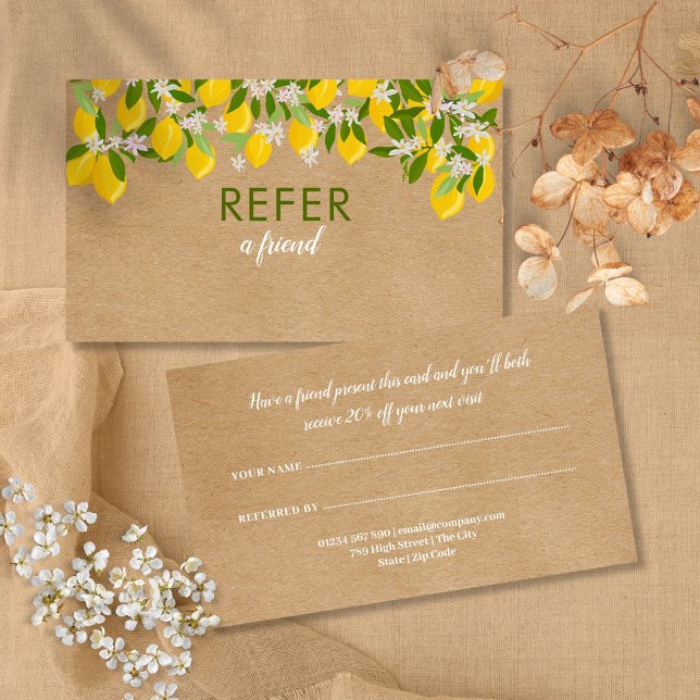 Carte De Référencement Vert citrons rustique moderne (Modern Rustic Lemons Greenery Referral Card)