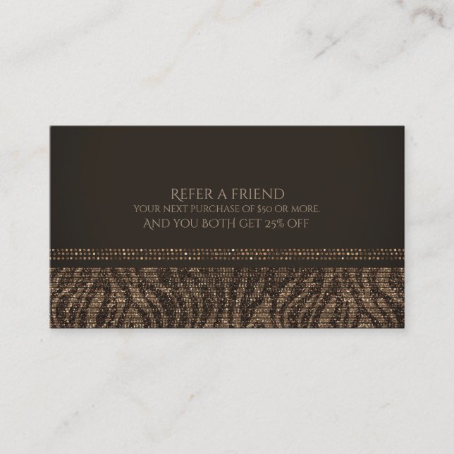 Carte De Référencement Zebra Sparkle Brown Gold Glam Chic Référer un ami (Devant)