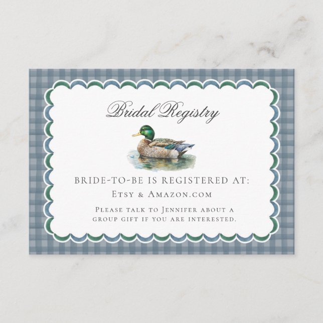 Carte de Registre de Mariage Gingham Chasse Canard (Devant)