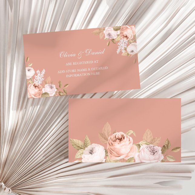 Carte de Registre Mariage Boho Pink Peonies (Boho Pink Peonies Wedding Registry Card on a sunny dry palm leaf.)