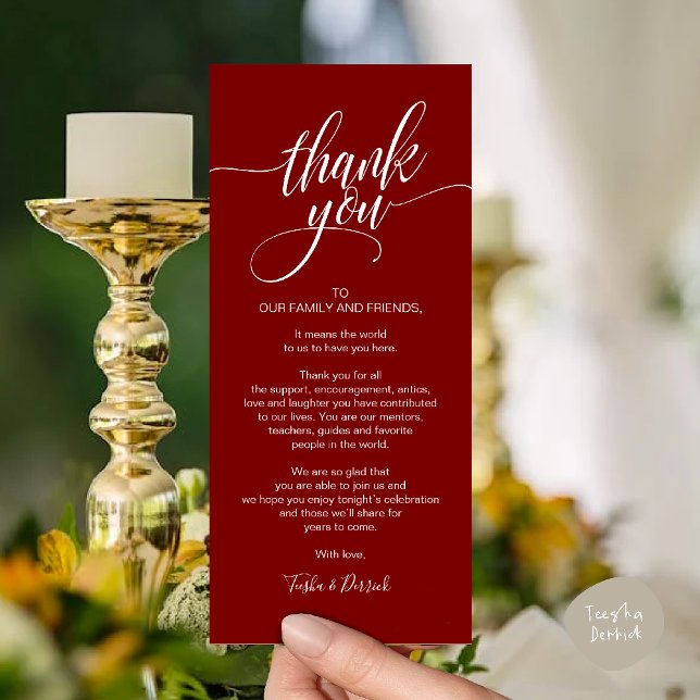 Carte de réglage du Merci du dîner de répétition (Rehearsal Dinner Thank you Modern Classy Place Setting Card Burgundy Wine Red)